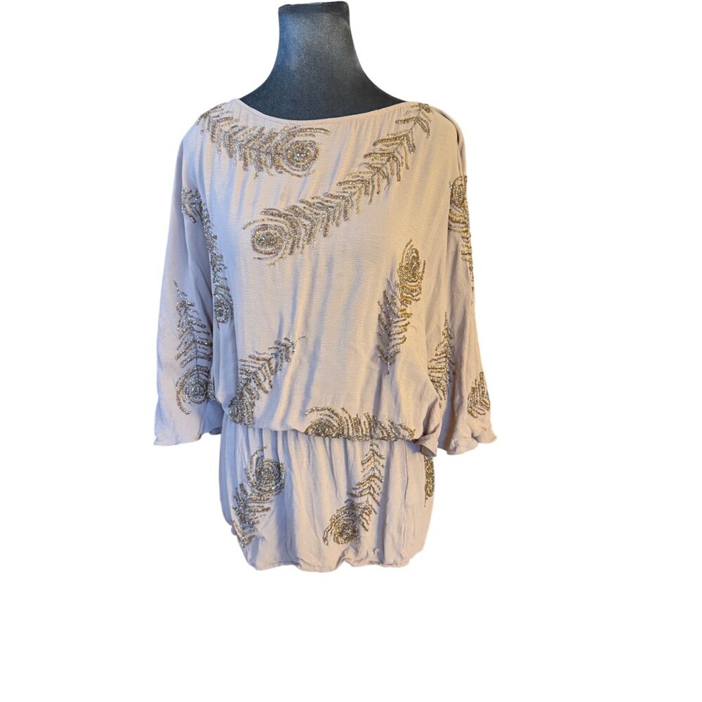 Boyod Beige Sequin Embellished 3/4 Sleeve Mini Dress Womens Size S - Picture 2 of 6